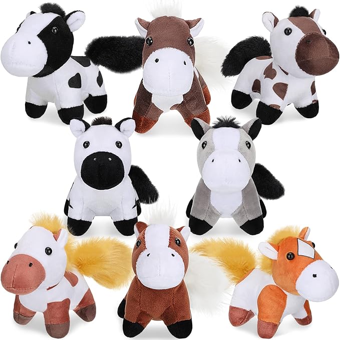 Sumind 8 Pcs Cat Stuffed Animals Bulk Plush Pets 5 Inch Cute Assorted Plush Cats Horse for Birthday Halloween Christmas Party Favors Favors(Horse)