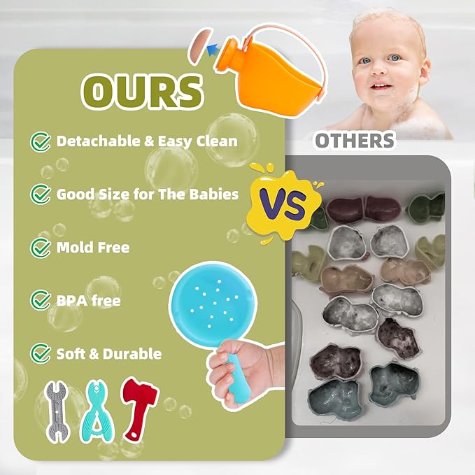 Tools Baby Bath Toys for Kids Ages 1-3 10PCS Toddler Bath Toys Mold Free Baby Gift for 6-12-18 Months Soft-Textured Sensory Teething Toys with Watering Can & Spoon in Bathtub Pool Watertable