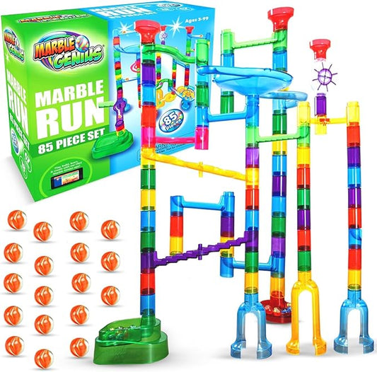 Marble Genius Marble Run - 85 Complete Pieces Maze Track Toys for Adults, Teens, Toddlers & Kids Aged 4-12 Years Old (67 Translucent Marbulous Pieces + 18 Glass-Marble Set), Explorer Set
