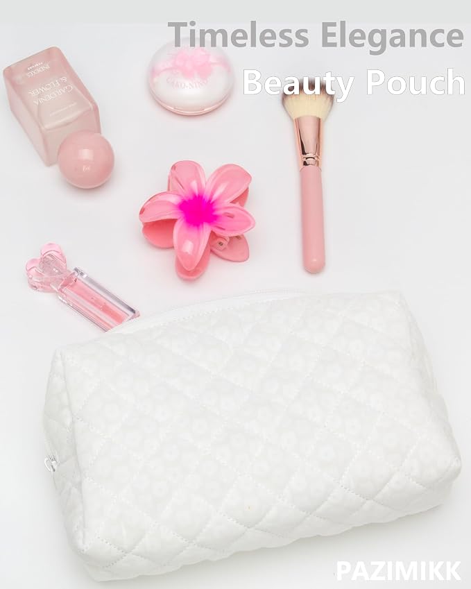 PAZIMIIK Small Quilted Makeup Bag,Zipper Cosmetic Pouch,White Floral | Lightweight Cosmetic Bag Organizer for Women,Purse Storage Holds Makeup,Toiletries,Skincare,Beauty Essentials,Travel Items