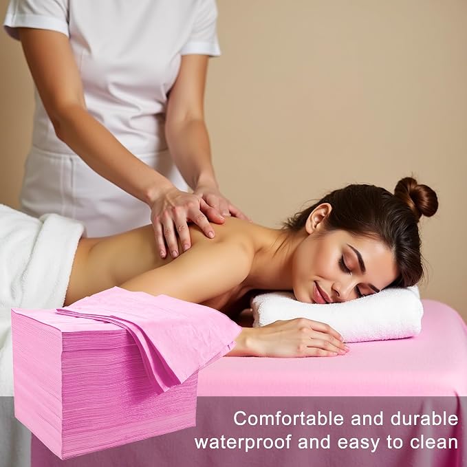 100 Pack 31" x 71" Disposable Non-Woven Massage Table Bed Covers - 2-Ply Waterproof Spa Sheets for Facial, Tattoo & Waxing.(pink 100pc)