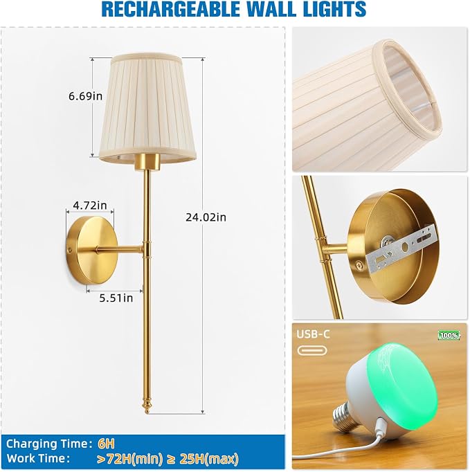 Battery Operated Wall Sconce Set of 2,Beige-Gold Rechargeable Wall Lights with 10400mAh Dimmable Bulbs and Remote, 9 Colors Wireless Wall Lamps for Bedroom Living Room Hallway