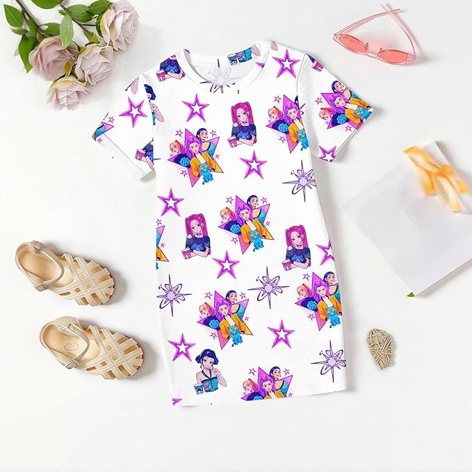 Girl's Anime K-POP Graphic Long Dress T-Shirt - Casual Loose Fit Short Sleeve Top