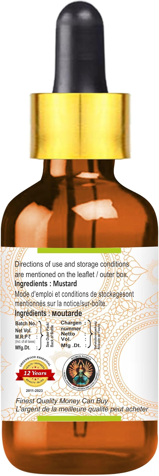 Greenwood Essential Mustard Oil (Brassica juncea) with Glass Dropper | Cold Pressed | Natural | Undiluted | For Diluting Essential Oils | For Skin & Massage | Men & Women | 10ml (0.33 oz)