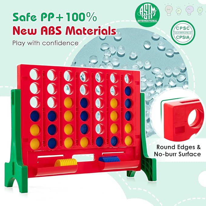 COSTWAY Giant 4 in a Row Game with Storage Carry Bag, Jumbo 4-to-Score Game with Chess, Quick Release Slider for Kids Adults, Indoor Outdoor Backyard, Free-Standing/Wall-mounting (Red&Green)