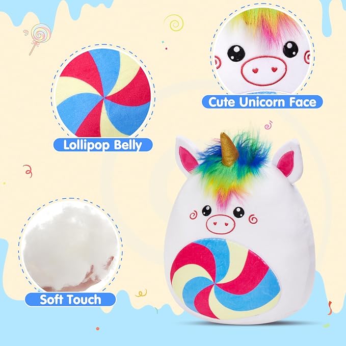 Athoinsu 12‑Inch Rainbow Unicorn Plush Pillow Soft & Cuddly Stuffed Animal for Kids Toddler Girls and Boys, Cute Rainbow Belly Plush Gift