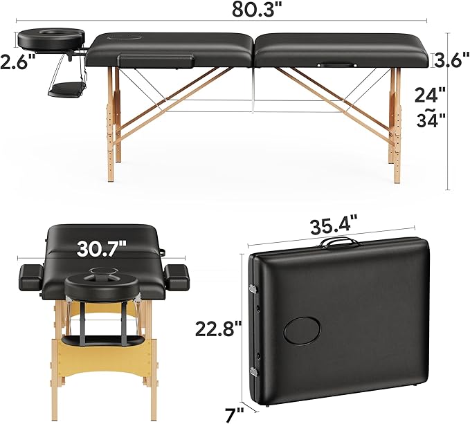 Brelley Massage Table Portable Wooden Lash Bed Adjustable Height 2-Fold Spa Table Foldable Tattoo Bed (Black)