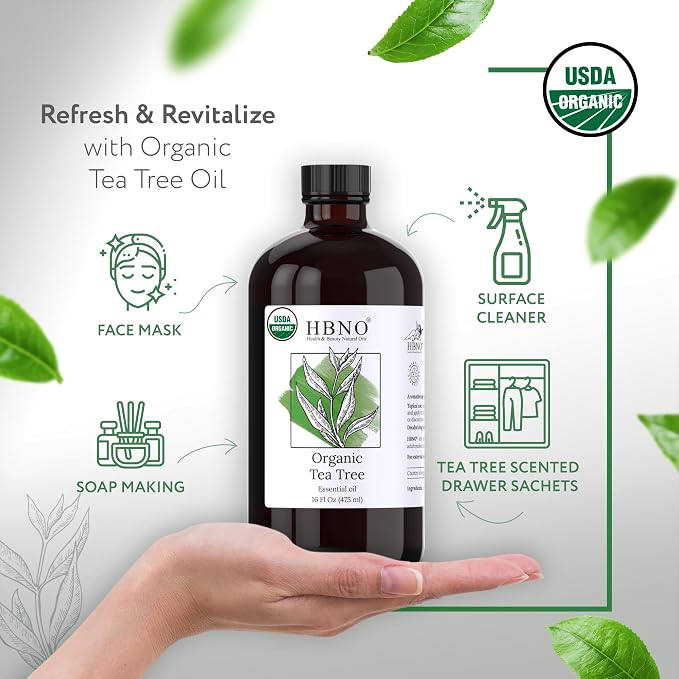 HBNO Organic Tea Tree Oil - Huge 16 oz (475ml) Large Size - Ideal for Diffusers, Cleaning Agents, Deodorizers, and Flavoring Agents.
