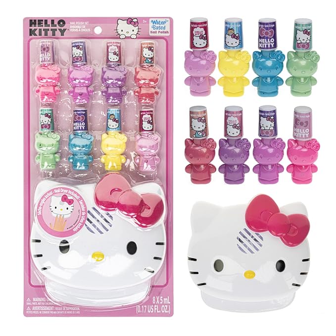 Hello Kitty 8 Pack Non-Toxic Peel-Off Shimmer and Opaque, Water-Based Safe Nail Polish Set with Nail Dryer for Kids, AA Batteries Not Included, Ages 3 and Up by Townley Girl