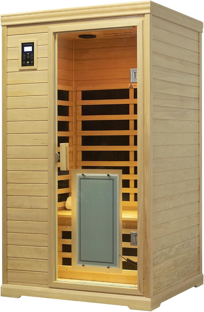 Kanlanth Far Infrared Wooden Sauna Room, 2 Person Home Sauna, Canadian Hemlock Indoor Sauna Spa, 9 Low EMF Heaters,1,750watt, 2 Chromotherapy Lights, 2 Bluetooth Speakers, 1 LED Reading Lamp