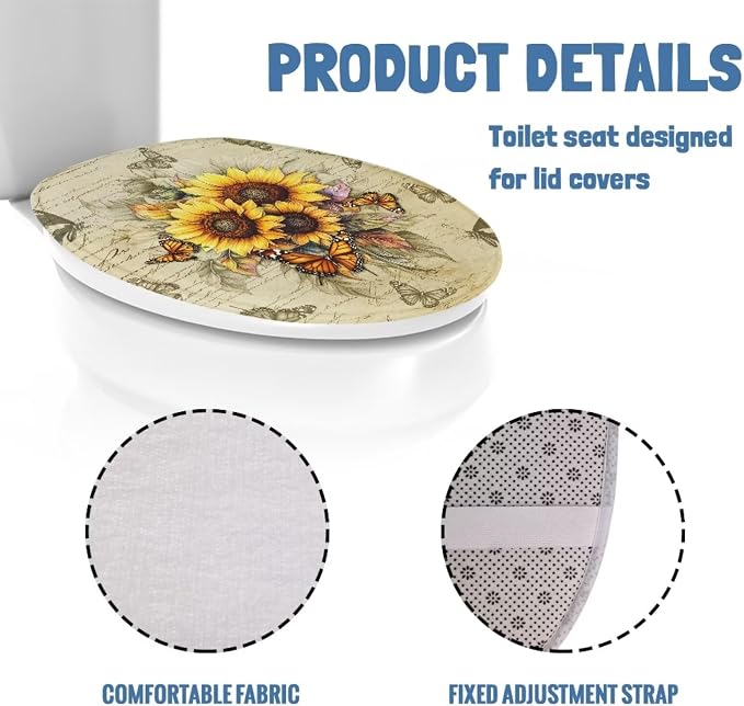 Sunflower Toilet Seat Covers Elongated for Bathroom Universal Butterfly Toilet Tank Cover Replacement Washable Dust Covers Universal Toilet Tank Cover,Easy to Clean
