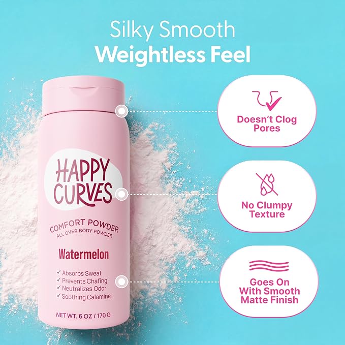 HAPPY CURVES Comfort Powder: Talc Free Anti Chafe Body & Foot Dusting Powder Deodorant to Control Inner Thigh Chafing, and Private Areas 6oz (Pack of 1) - Watermelon