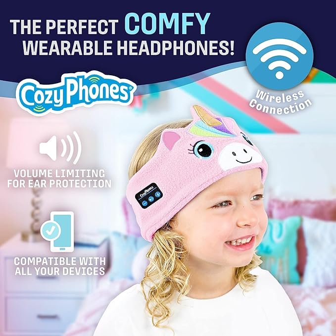 Toddler Headphones Wireless, Kids Bluetooth Earphones, Safe Volume - Wired School Headphones for Kids with 3.5 MM Jack and Travel Bag - Toddler Airplane Accessories for Boys & Girls - Purple Unicorn