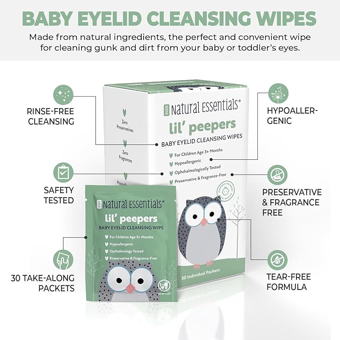 Natural Essentials Lil' Peepers Baby Eye Wipes and Eyelid Cleanser, Preservative-Free & Rinse-Free, Pediatrician Recommended Hypoallergenic Soft Eyelid Wipes for Babies, Kids & Adults, 30 Ct (12 pk)