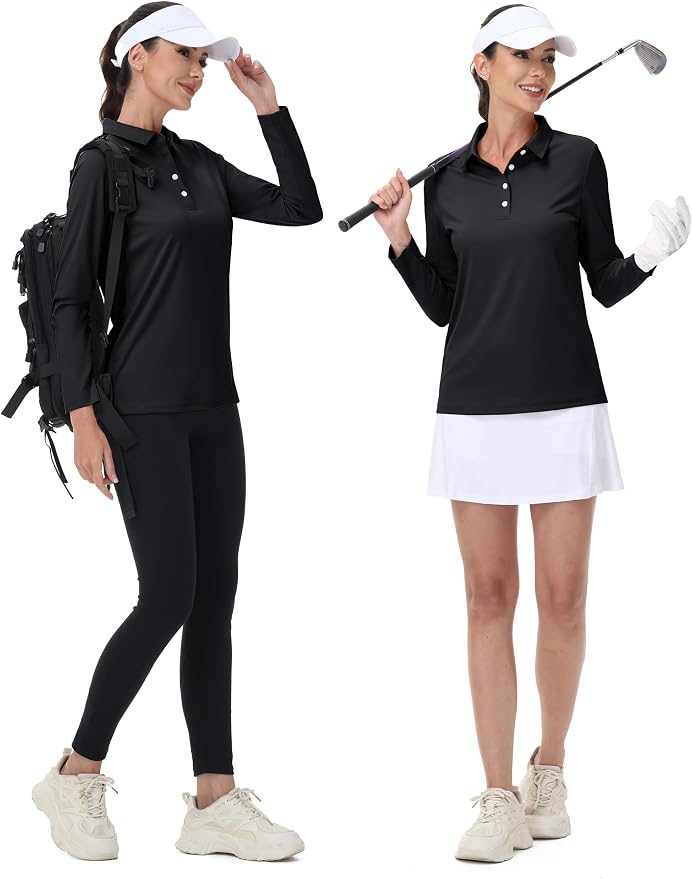 MAGCOMSEN Long Sleeve Polo Shirts for Women Golf Tops with Collar Work | UPF 50+ Sun Protection, 4 Buttons, Moisture Wicking, Breathable, 4-Way Stretch, Collared, Quick Dry, Active, Casual, Tennis