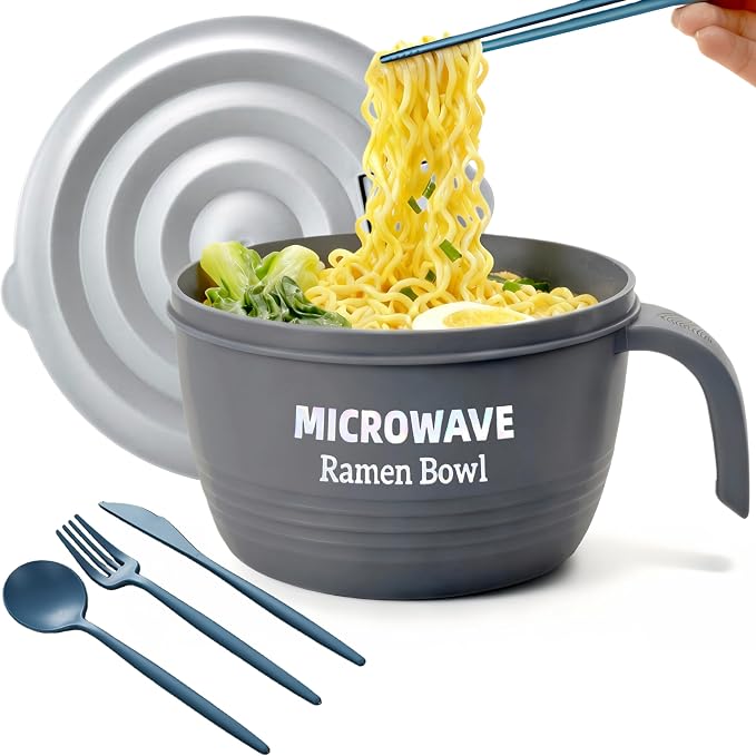 Layron Large Ramen Bowl Set, Ramen Noodle Bowls Microwavable 45 oz, Ramen Cooker, Microwave Pasta Cooker, Ramen Bowl Microwave Gift for College Male Female Dorm Room (grey)