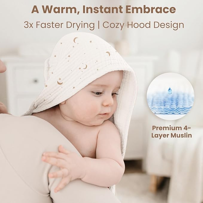 Konssy 2-Pack Muslin Hooded Baby Towels, 100% Cotton, Ultra-Soft & Absorbent Baby Bath Towels with Hood for Newborn & Infant (Coffee Check,Moon,32" x 32")