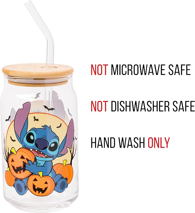 Silver Buffalo Disney Lilo and Stitch Halloween Spooky Pumpkin Patch Jack-O-Lantern Glass Jar Tumbler with Bamboo Lid and Glass Straw, 16 Ounces