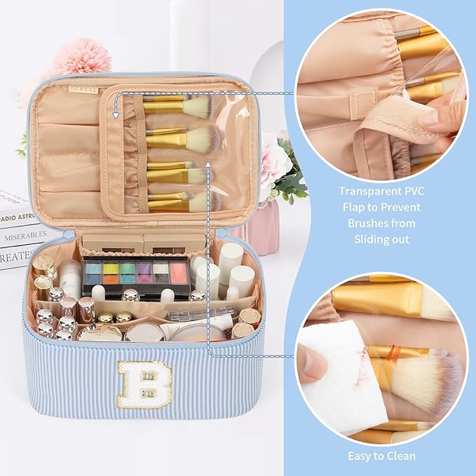 OCHEAL Makeup Bag Valentines Day Gifts for Women, Monogram Cosmetic Bag Blue Travel Makeup Case Beauty Toiletry Bag Organizer Personalized Gifts for Girls Bridesmaid, Sister, Wife, Friends Initial B