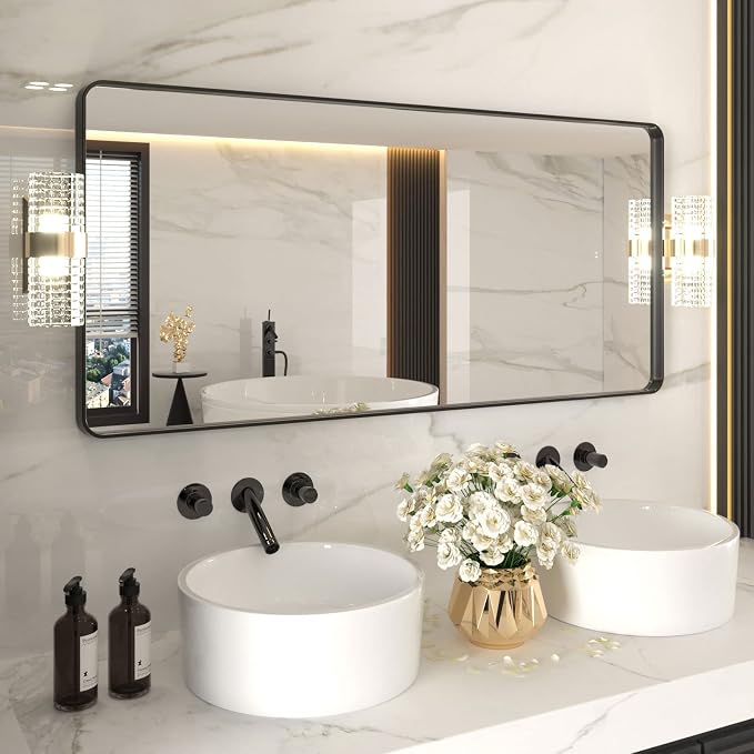 LOAAO 60X28 Inch Black Bathroom Mirror Metal Framed | Matte Black, Rounded Rectangle Mirror, Anti-Rust, Tempered Glass, Hangs Horizontally or Vertically