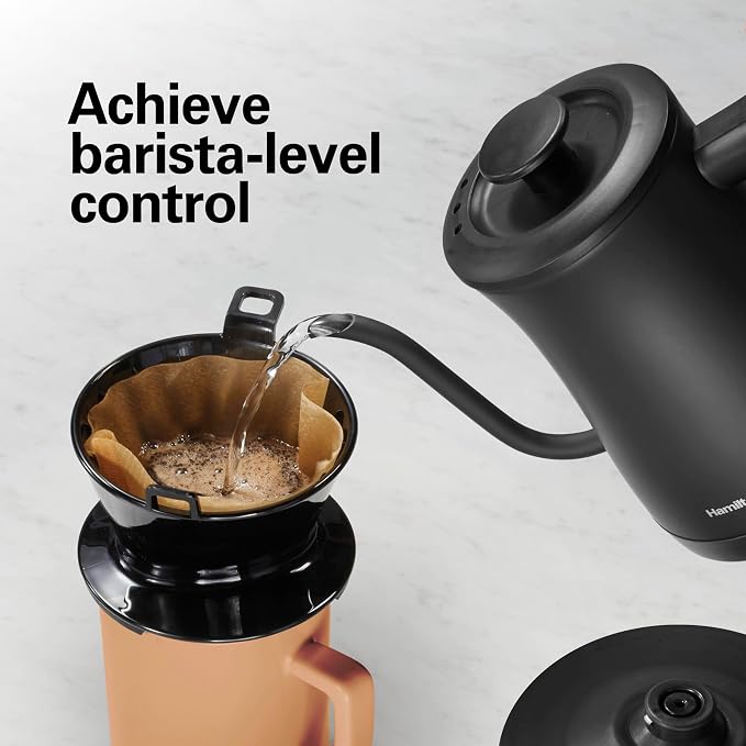 Hamilton Beach Compact 20 oz. / 0.6 Liter Gooseneck Electric Kettle for Boiling Water, Pour Over Coffee, Tea, 1200 Watts, Stainless Steel BPA-Free Interior, Black (41046)