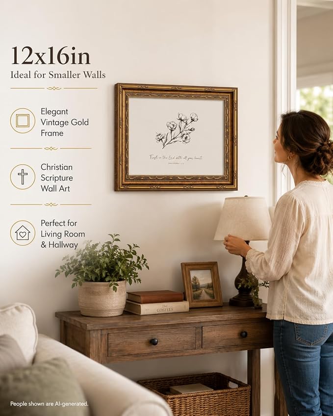 Vintage Gold Framed Floral Wall Art, Christian Bible Verse, 12 x 16 in | Sketch floral scripture canvas for living rooms, bedrooms, hallways, prayer spaces, churches, or meaningful Christian gifts.