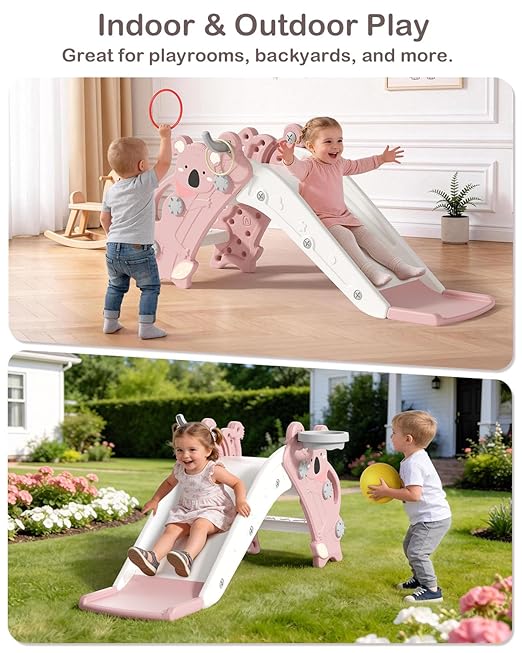 Babytronic Toddler Slide Indoor & Outdoor Playground, 4-in-1 Baby Slide with Climber, Basketball Hoop & Ring Toss, Foldable Freestanding Kids Slide, Climber Playset for Toddlers Ages 1-3, Pink