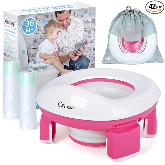 Orzbow Portable Potty Training Toilet, Travel Potty Seat for Toddler Boys Girls with Splash Guard, Potty Training Essentials, Foldable, Includes Free Travel Bag and 40 Liners, Indoor/Outdoor Use, Pink