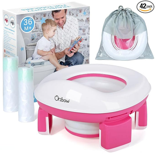 Orzbow Portable Potty Training Toilet, Travel Potty Seat for Toddler Boys Girls with Splash Guard, Potty Training Essentials, Foldable, Includes Free Travel Bag and 40 Liners, Indoor/Outdoor Use, Pink
