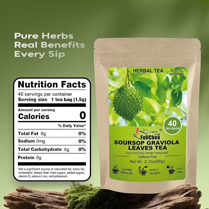 FullChea - Soursop Leaves Tea Bags, 40 Teabags - Premium Soursop Graviola Leaves - Hojas De Guanabana Tea - Non-GMO - Caffeine-free - Improve Digestion, Support Healthy Skin & Sleep