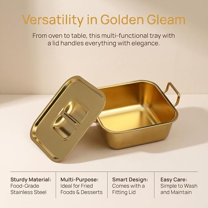 NUOBESTY Gold Korean Ramen Pot with Lid & Handles, 40 oz Stainless Steel Square Noodle Bowl Versatile Individual Serving Tray for French Fries, Fried Chicken, Tiramisu & Party Buffet, 6.3 Inch