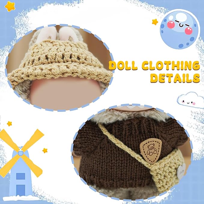 Clothes for Lububu(Not Doll), 3-Piece Brown Plush Doll Outfit Include Hat Sweater Bag, Cute Dolls Outfit Accessories for 6.7in Dolls (Brown)