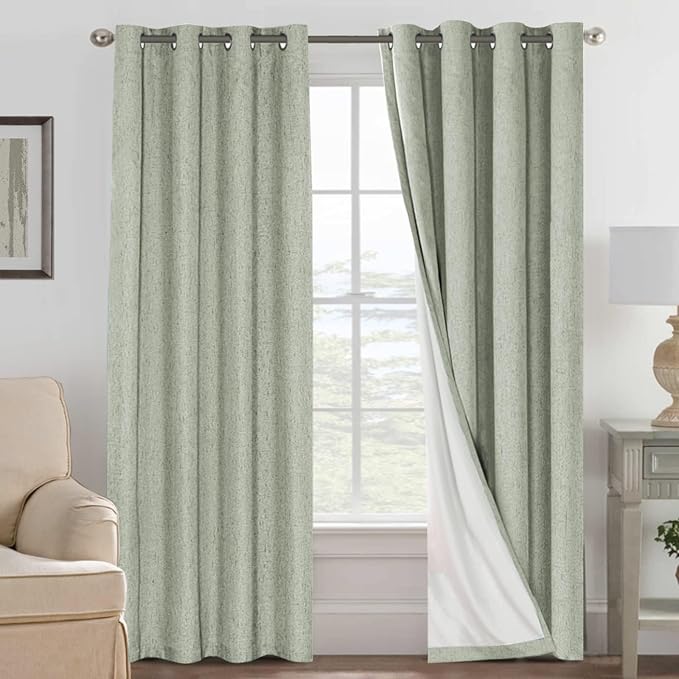 H.VERSAILTEX Linen Curtains 100% Blackout Curtains for Bedroom 90 inch Long Full Light Blocking Nature Linen Blended Window Curtains for Living Room Nickel Grommet (2 Panels, Sage)
