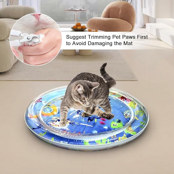 Inflatable Cat Dog Baby Water Mat Toy, [Newly Upgraded, 2 Layers Thickened] Premium Anti-Scratch Leak Proof Mat, with Floating Fish for Indoor Kitten Cats & Kids to Swatting Exercise Hunting (Dolphin)