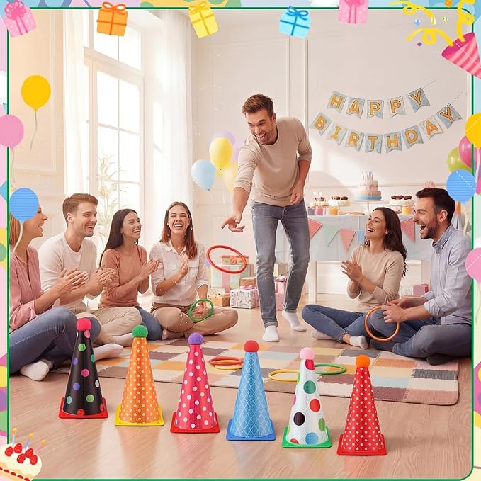 Seenelling 24 Pcs Plastic Ring Toss Game, Birthday Party Game 6 Birthday Hat Cones and 18 Colorful Rings Outdoor Sport Toss Toys Backyard Lawn Cone and Ring for Family Party Activities