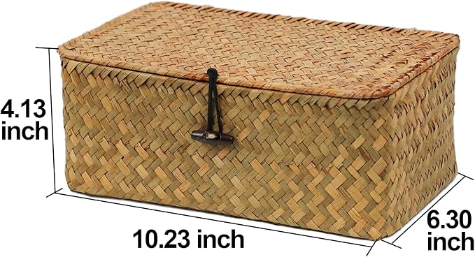 Seagrass Wicker Storage Basket with Lid, Medium, Natural | Shelf Baskets for Organizing, Rectangular Woven Bin Box, Multipurpose Home Storage, Natural Decor, 10.23 x 6.3 x 4.13