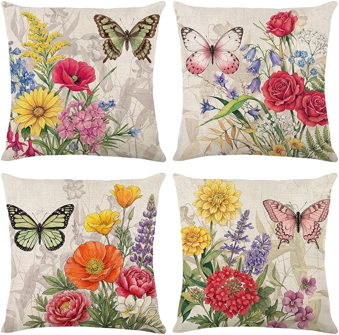 wyooxoo Throw Pillow Covers 16x16 Set of 4 Decorative Spring Pillow Covers Linen Flower Butterfly Farmhouse Pillowcases for Sofa Couch Living Room Outdoor