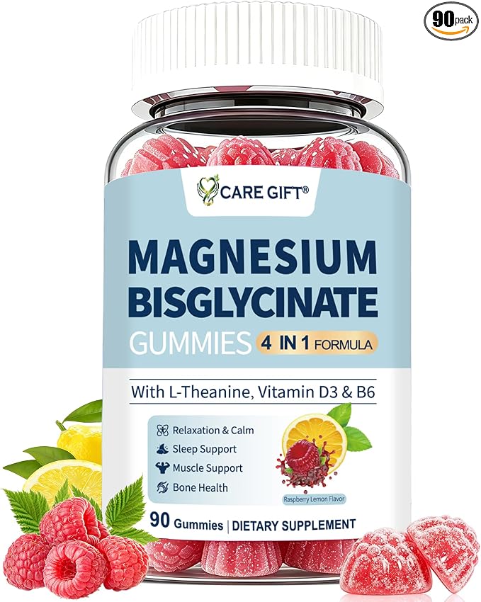 Magnesium Bisglycinate Gummies 400mg Chelated Magnesium with Vitamin D3 B6 and L-Theanine Sleep Support Calm, Muscle Relaxation Bone Health, 90 Gummies| 45 Day Supply, Lemon Raspberry Flavor
