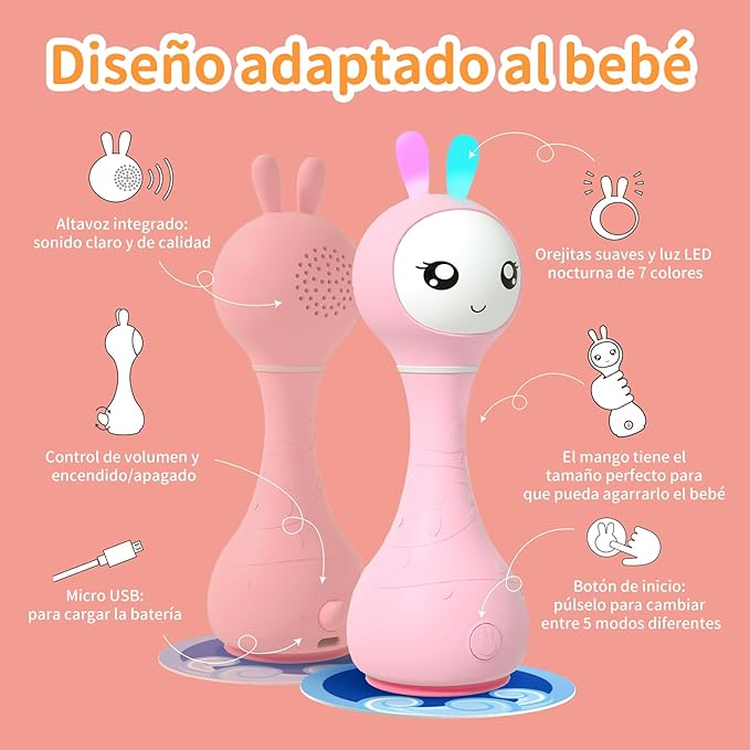 alilo Sonajero Musical para Bebés 0-12 Meses, Juguete con Luz, 66 Sonidos, 15 Canciones, 13 Cuentos, 5 Canciones de Cuna, Ruido Blanco, Reconocimiento de Colores, Regalo Recién Nacido