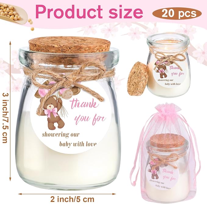 Threlaco 20 Pcs Bear Baby Shower Favors Party Candle Lavender Scented Glass Mason Jar Wax Candle Bulk for Guests Girl Boy Gender Reveal Party Gifts(Pink)