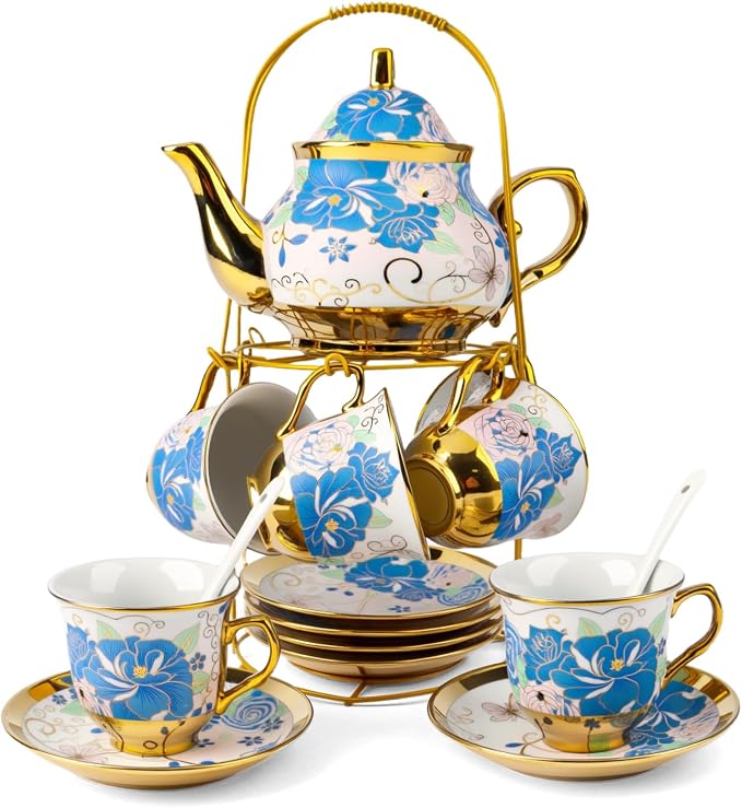 20Pcs Porcelain Tea Set with Metal Holder, European Ceramic Tea Set for 6 People, Vintage Flower Teapot Cup and Saucer Spoon Set, Complete Gift Set for Wedding, Bridal Shower, Afternoon Party (Pink)