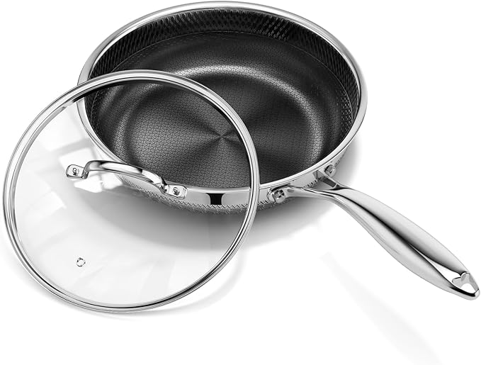 Innerwell 8 Inch Nonstick Frying Pan with Lid, Induction & Oven Safe | Titanium Ceramic Tri-Ply Stainless Steel Hybrid Nonstick Skillet, Stay Cool Handle, Heat Fast and Evenly, PFAS/PFOA/PTFE Free