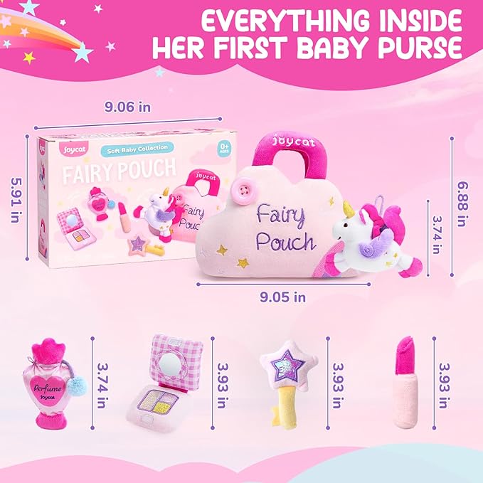 JoyCat Toys for Toddlers 1-3 Girls, My First Purse Baby Girl Unicorn Makeup Bag Set 5 PCS Plush Toy with Perfume, Lipstick, Palette, Star Key - 1 Year Old Girl Gifts, Christmas Stocking Stuffer