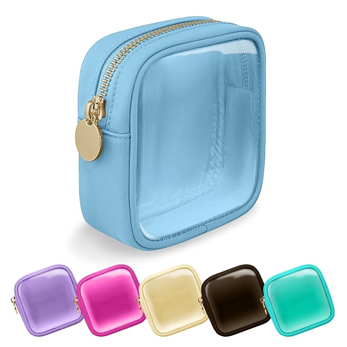 UIXIZQ Clear Mini Makeup Bag for Purse, Small Nylon&PVC Cosmetic Travel Bag TSA Approved Toiletry Bag with Zipper, Preppy Transparent Makeup Travel Bag Coin Purse for Women Men Girls(Mini-Blue)