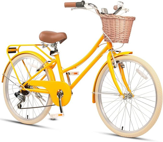 Glerc 20 24 26 Inch Beach Cruiser Bike, 6-Speed Hybrid City Bicycle for Girls Youth and Over 6 Years Old, Missy Bike with Wicker Basket & Lightweight, Multiple Colors