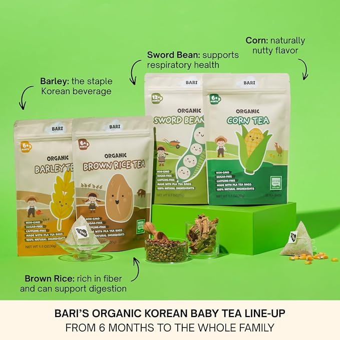 BARI Organic Baby Corn Tea – Baby Tea for the Whole Family | Korean Oksusu Cha, Caffeine-Free, No Sugar, Heavy Metal Tested | 20 Tea Bags