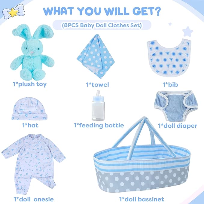 BABESIDE 8 Pcs Reborn Baby Doll Accessories for 17–22 Inch Dolls – Reborn Baby Doll Clothes, Bassinet, Magic Bottle & Magnetic Pacifier – Fits Reborn Newborn Boys & Girls