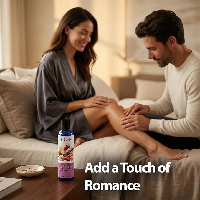 Lick Strawberry Vanilla Bliss Flavored Massage Oil – Sweet Tropical Edible Massage Oil with Vitamin E, Smooth Body-Safe Glide for Couples Massage & Sensory Date Nights, 4 oz