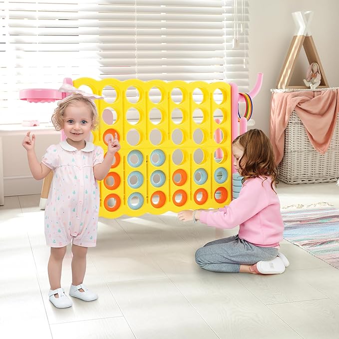 COSTWAY Jumbo 4-to-Score Giant Game Set for Kids & Adults, 2.5Ft Indoor Outdoor Game with Basketball Hoop, Ring Game, 42 Jumbo Rings, Quick-Release Slider, Perfect for Birth & Holiday Party