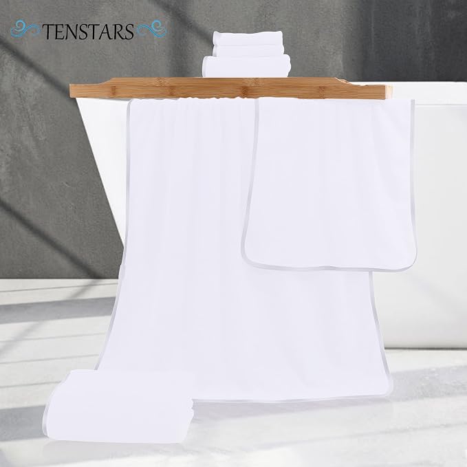 TENSTARS Luxury Silk Hemming Towel Set - Light Thin Quick Drying - 2 Bath Towels 2 Hand Towels 2 Washcloths - Ultra Soft Microfiber Towel for Bath Fitness, Sports, Yoga, Travel (White 6 Pieces)